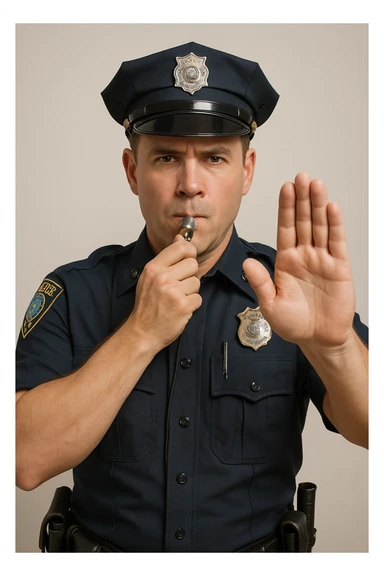 a police officer facing forward, blowing a whistle, holding one hand up in a stop gesture, detailed uniform, clear facial expression, simple background sticker