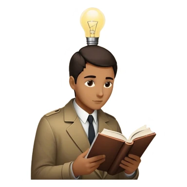  detective reads a book with a bold silhouette of a person on the cover, symbolizing a subject under investigation. The cover’s design is minimalist yet striking, hinting at mystery and deep research. A glowing lightbulb above the detective’s head signifies a moment of realization. sticker
