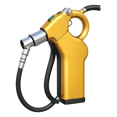 handheld fuel dispenser with a trigger, metallic look, slightly curved tip, black rubber hose attached sticker
