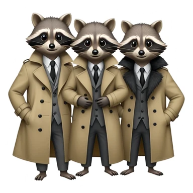 Three mischievious raccoons standing on top of each other pretending to be one person in a  single trench coat sticker