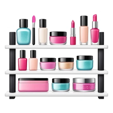 a white shelf with few beauty products and sparkles sticker