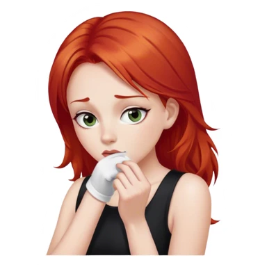 a woman with red hair and red eyes sniffing a white sock. The woman wear a black  dress sticker