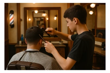 yuzi ko'rinmasin sartaroshxonada ishlayotganini tasvirlab ber mijozlarni sochini olayotganini o'smirin davrini sticker