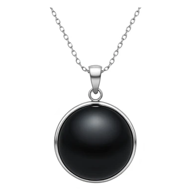 polished round black onyx pendant on a delicate silver chain, glowing faintly like a celestial orb sticker