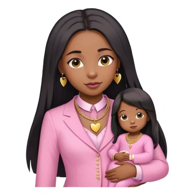 Black girl with STRAIGHT LONG HAIR DOWNhair down with baby edges and formal clothes that are pink for her interview and a SMALL gold heart necklace  sticker