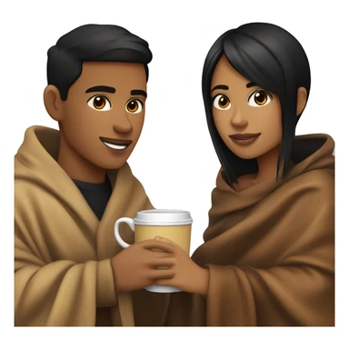 LIGHT BROWN SKIN BOY, with SHORT STRAIGHT BLACK HAIR and a TAN SKIN GIRL, with BLACK HAIR and BANGS, inside a blanket sipping coffee sticker