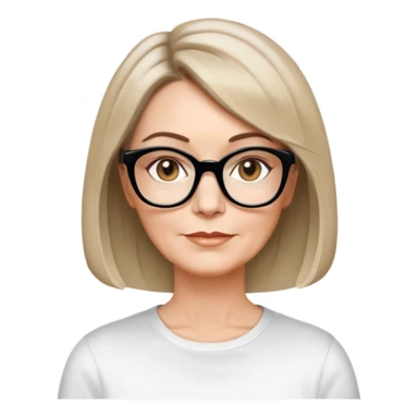 white woman about 50 years old, light warm skin, short bob haircut to neck with slight waves at ends, medium brown hair with soft highlights, neutral expression, large black shiny butterfly or cat-eye glasses, white casual t-shirt, calm and creative energy sticker