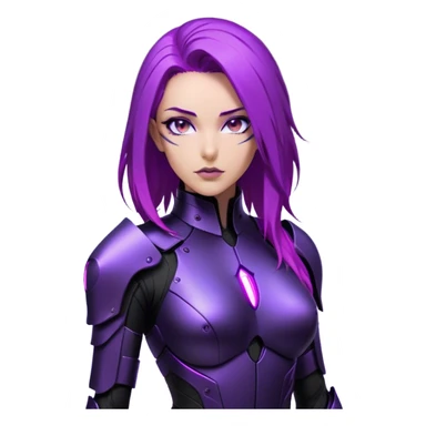 A sleek warrior woman with flowing purple hair, her sharp violet eyes glowing with quiet intensity. She wears a form-fitting black armored suit with smooth, seamless plating, a fusion of high-tech design and elegant minimalism. The matte black surface subtly reflects the dim ambient light, highlighting the streamlined contours of her suit. A slim, obsidian blade rests at her side, its edge barely visible in the soft glow of floating digital glyphs around her. Her expression is poised—calm, calculated, and unwavering, standing against a gradient-lit backdrop, where darkness meets the faintest hint of neon luminescence. sticker