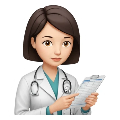 A female doctor in her 50s with visible facial wrinkles, dark brown short bob hair, her body turned slightly at an angle, with her gaze clearly directed downward and fixed on the medical chart she is reviewing. sticker