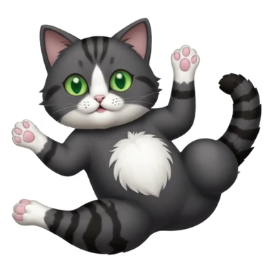 solid dark grey cat with green eyes, white toes/paws and white patch on her chest playfully rolling upside down sticker