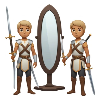 A person standing in front of a mirror, looking at their own reflection, while a sword on the ground beside them. The mirror represents self-awareness and acceptance sticker