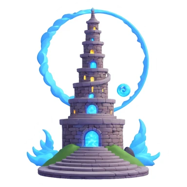 3D photorealistic stone tower spiraling form large base citadel encircled by spiral ramps tower reaching nebula night sky illuminated by glowing blue torches moonlight symbolizing spiritual animistic realm emoji icon sticker