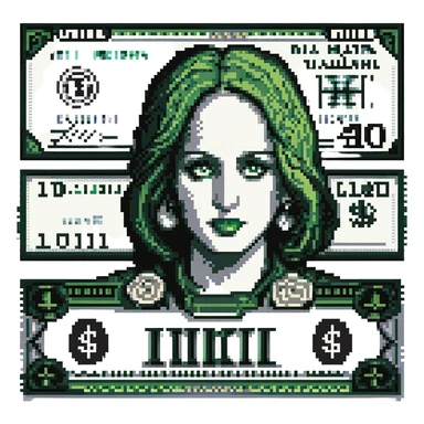 A pixel art style image of a dollar bill, featuring a green and black pixelated design with a portrait and intricate details, simple and retro design, no additional text or symbols. sticker