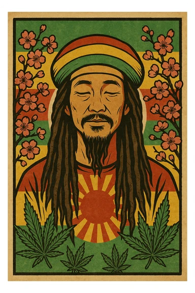 Vintage poster of an Asian Rasta with long dreadlocks, peaceful eyes, and a red-gold-green tam. Surrounded by cherry blossoms and ganja leaves. Background blends Rasta colors into an Asian flag (e.g., red sun from Japan or Chinese star). Retro reggae fusion vibe, with bold lines and aged paper texture.
 sticker