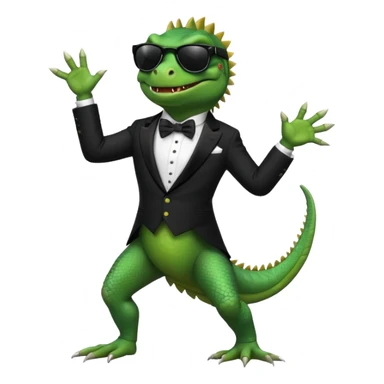 capitalist iguana in tuxedo and black sunglasses dancing sticker