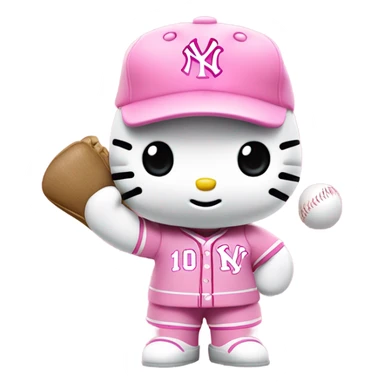 Hello kitty wearing a pink Yankees baseball uniform with a pink foam finger that has #1 sticker