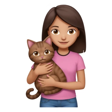 As una chica con piel marron claro con el pelo  medio largo color marron oscuro que tenga la chica una camiseta rosada mangas cortas con un jean claro que tenga ojos marrones la chica que la chica este sonriendo mientras sostiene entre sus brazos un gato negro gordito. sticker