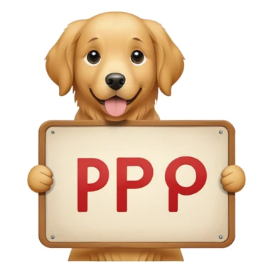 a dog holding a sign with just the letter p m o sticker