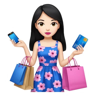 Girl with long black hair, pink lipstick, brown eyes holding shopping bags and blue credit card and wearing a dress  sticker