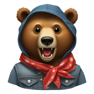 grizzly bear wearing sleeveless jean jacket and red bandana around head with open mouth sticker