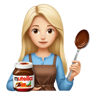 Nutella with a spoon. The glas of Nutella is almost empty . Next to the Nutella is the head of a blond woman who is looking forward to eat the Nutella. The hair of the woman needs to be longer. She is holding a big carriage of Nutella in her right hand and a oversized spoon in the other  sticker
