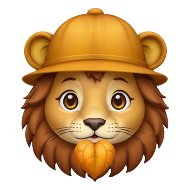 cute lion with a chestnut hat, emoji-inspired, big sparkling eyes, warm friendly face, autumn color palette, simple cartoon look sticker