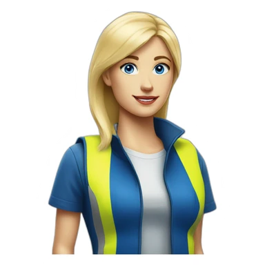 Ikea coworker blue eyes blond woman blue stripes t-shirt and yellow security vest sticker
