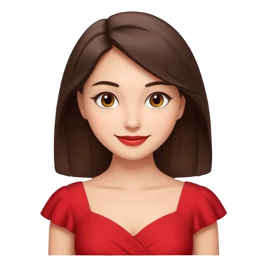 Cartoon emoji of a young brunette woman with fair-medium skin, brown eyes, wearing a red outfit. Full-height, standing confidently in a red dress  posing sexy with a smile and relaxed posture. Smooth, friendly, stylized, make up on, flirty eyes and smile in a sexy position  sticker