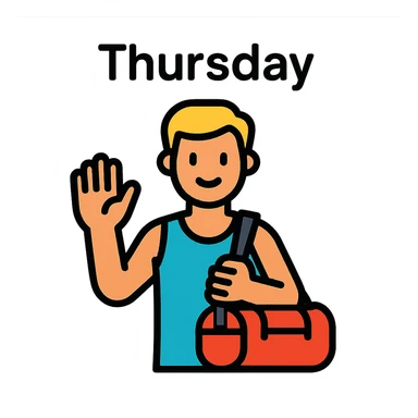 a sportsman holding his gymbag waving his hand goodbye. The word Thursday is above the sportsman sticker