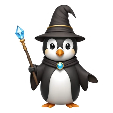 penguin wearing a wizard hat and robe, holding a magic wand sticker