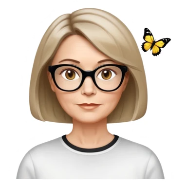 white woman about 50 years old, light warm skin, short bob haircut to neck with slight waves at ends, medium brown hair with soft highlights, neutral expression, large black shiny butterfly or cat-eye glasses, white casual t-shirt, calm and creative energy sticker