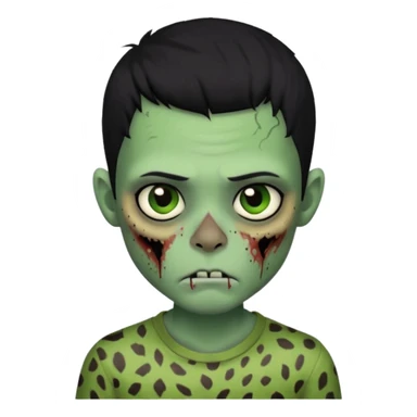 Zombie boy with green skin and sleepy eyes and scars on his face and a shirt that has cheetah texture and black hair sticker