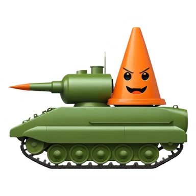 green military tank with an evil face running over a traffic cone with a sad face, cone visible under the treads, emoji style sticker