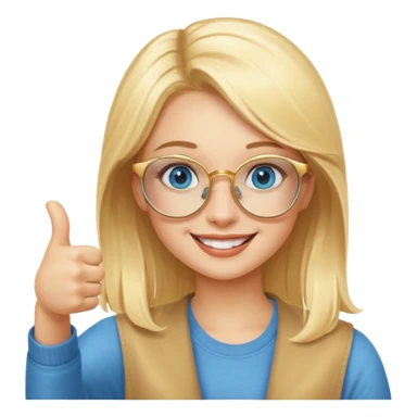 une fille blonde au yeux bleus avec des lunette dorée assez grande joyeuse avec un pouce lever sticker