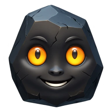 Single black obsidian rock character, thick and heavy with sharp facets and subtle reflections, carved cute face with glowing round eyes and a small smile, 3D render, high detail, soft backlighting, isolated on a plain dark background. sticker