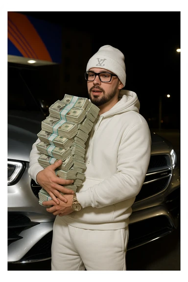 Transform the person to have a white skin tone, a black goatee and black facial hair, wearing a white hoodie, white sweats, and a white Louis Vuitton beanie. Make the car an AMG and chrome out everything except the money, which should look realistic. Keep the pose and money stacks as in the reference image. The style should be realistic and detailed to preserve the original pose and elements. sticker