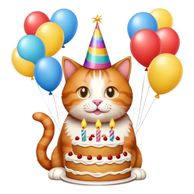 Ginger cat celebrates birthday, birthday hat, birthday cake, balloons, happy sticker
