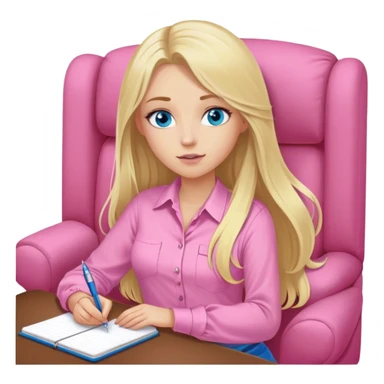 A cinematic realistic blonde with long hair and blue eyes, dressed in a pink shirt, sits on an armchair with a notebook and pen in her hands sticker