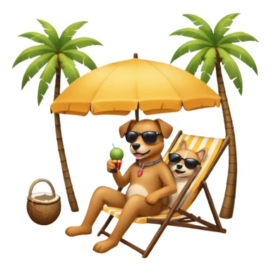a dog laied on a beach chair, a sunny beach, a sun umbrella, and beach coconut trees. the icon should capture the essence of a relaxing beach vacation with a carefree atmosphere sticker