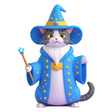wizard cat with a starry robe and hat sticker