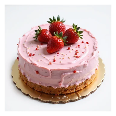 realistic round cake with pink frosting and strawberries, photorealistic style sticker