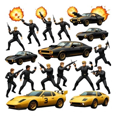 Photorealistic Icon for Action Movies: Dynamic collage of iconic action movie scenes featuring explosions, fast cars, combat, and weapons. Include silhouettes of famous action heroes, dramatic lighting, and a sense of high-octane energy. Transparent background. sticker