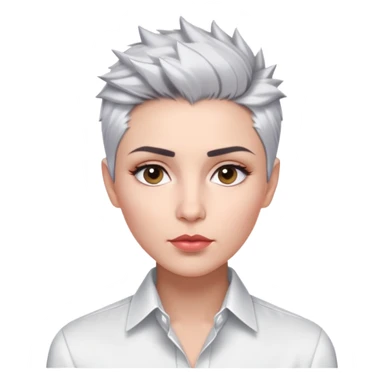 Marian Pabón with elegant facial features, light rosy complexion, expressive eyes, medium well-defined lips, sophisticated pronounced cheekbones, short spiky silver hair styled like a men's cut, dressed in a crisp white button-up shirt sticker