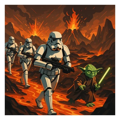 vector art of a Starwars stormtroopers is walking on lava planet with yoda, battleground background

 sticker