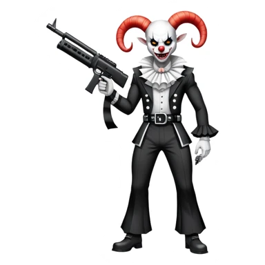 full-body muscular demonic clown in a black and white leisure suit with bellbottom pants, bald, with black ram horns, flashy black and white belt, ruffled white shirt, no neck tie, large fangs, holding a very large futuristic rifle sticker
