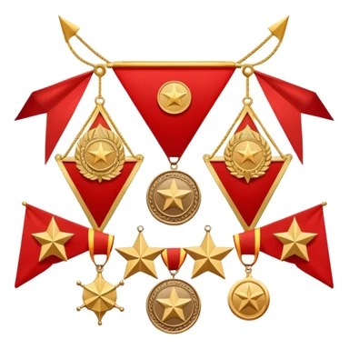 Icon for Collecting Orders, Medals & Badges: a variety of vintage orders, medals and badges, displayed neatly on a big red pennant or in a display case. The icon should reflect the honor and historical significance of these collectible items. Transparent background. sticker