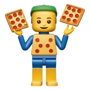 Minifigure: yellow square head  blue square troso rectangular yellow arms and green legs with a pizza on the head sticker