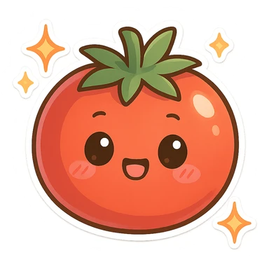 chibi sticker-style tomato with sparkles, cute and exaggerated sticker