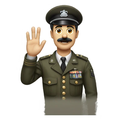 A guy with a side part hair and a mustache that looks like charlie chaplin’s mustache raising their hand and wearing army clothes sticker