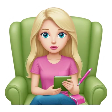 Cinematic realistic blonde with long hair, blue eyes and pink lips, dressed in a green T-shirt, sits in a beige armchair with a pink notebook and pen in her hands sticker